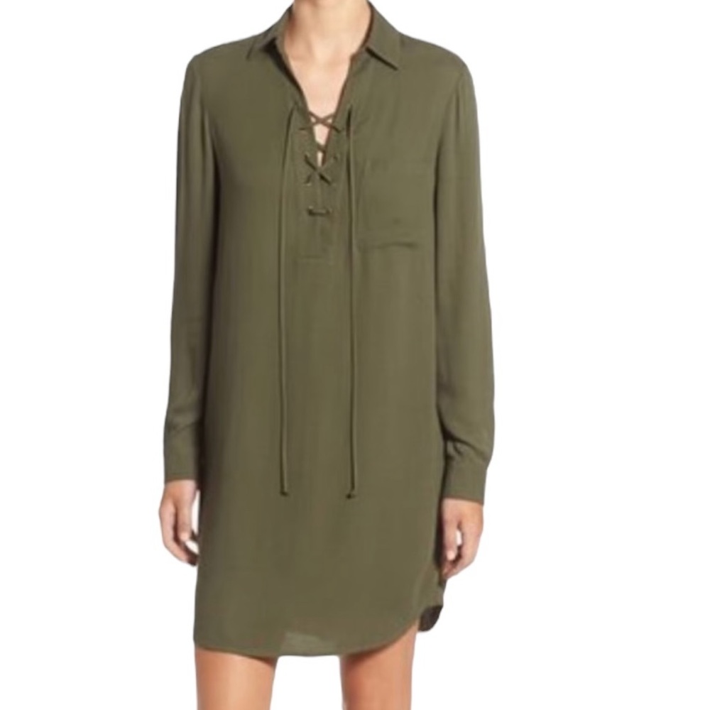 WAYF Oversized Olive Lace Up Shirt Dress Long Sleeve Collar Pocket Dress XS